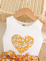 Girls 2pcs Round Neck Sleeveless Tank Top & Elastic Waist Shorts With Belt Floral Love Print Casual Kids Clothes Summer
