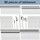 60/90pcs Stainless Steel Tableware, Western Dining Silverware, Steak Knife, Salad Fork, Coffee Dessert Spoons, Cutlery Set with Gift Box for 12 Persons, Dishwasher Safe, Kitchen Accessories,Halloween,Weddings