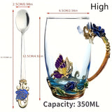 Set, Elegant Flower Pattern Tea Cup With Coaster And Spoon, 350ml/11.8oz Clear Glass Coffee Mug Set - Coffee Cups, Water Cups - For Summer & Winter - Suitable for Home & Office - Perfect Gift for Birthday