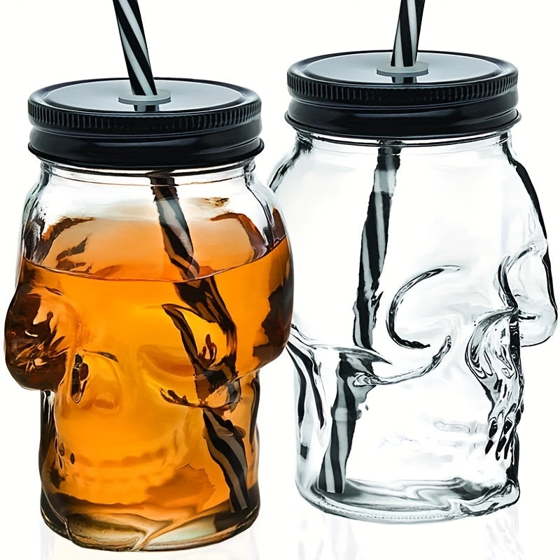 1pc Skull Mason Jar Mug Glass With Lid And Straw, Halloween Decoration, Drinking Glass for restaurants/hotels