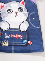 Cute Kitty Whimsy Dress - 3D Graphic, Suspender Design, Round Neck, Short Sleeves, Comfortable Fabric for Little Girls' Summer Daily Wear