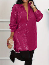 Plus Size Glamour - Sequined, Long Sleeve, Turn Down Collar, Button Up Shirt Dress for Women - Perfect for Party, Evening, and Formal Occasions