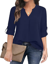 Solid Simple Blouse, Casual V Neck Long Sleeve Blouse, Women's Clothing