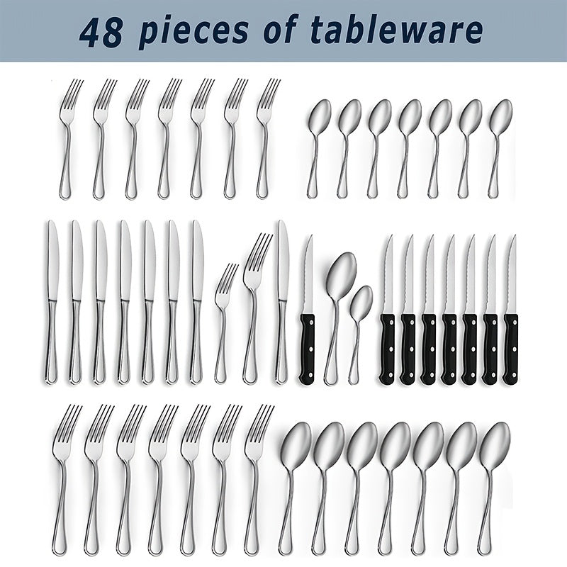 48/72pcs Silverware Set, Including Steak Knife, Premium Stainless Steel Cutlery Set, Knife, Spoon, And Fork Set, Dishwasher Washable, Stylish Design