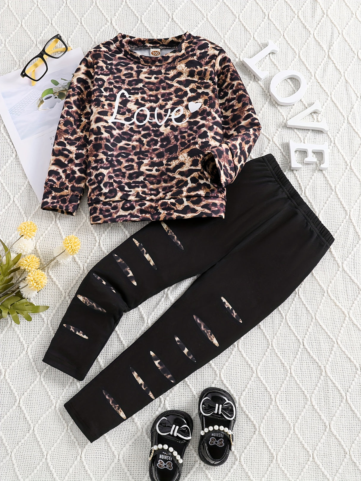 2pcs Girls Leopard Print Top +Jeans Set Kids Clothes For Gift Spring Fall