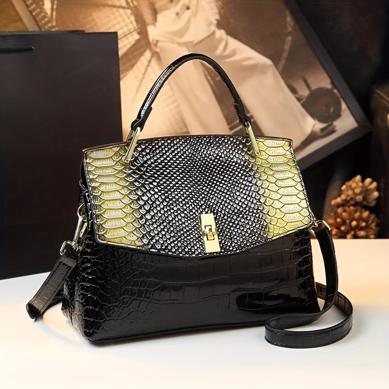 Premium Luxury Womens Retro Crocodile Pattern Bag - Stylish Crossbody Satchel with Elegant Top Handle - Versatile Shoulder & Handbag