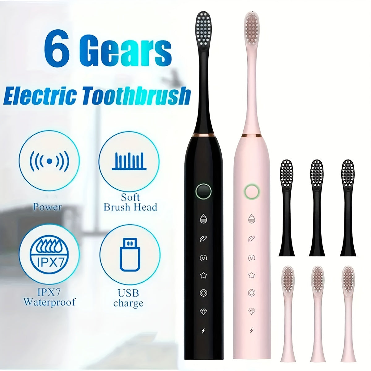 Electric Toothbrush With 6 Modes And A Smart Timer, Suitable For Both Men And Women, Rechargeable USB Electric Toothbrush, Whitening Oral Hygiene, 4/8 Replacement Heads, Sensitive Gums And Teeth Special Soft Toothbrush