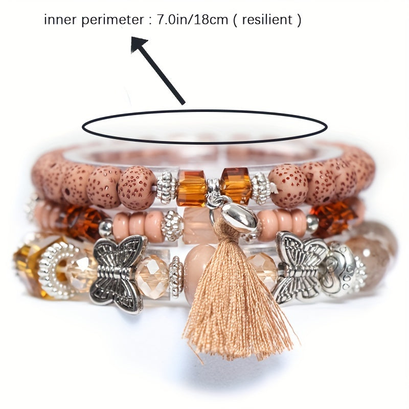 3pcs/set Vibrant Bohemian Butterfly Pendant Tassel Beaded Elastic Multi-Layer Acrylic Bracelets - Stylish Boho Accessories for Men and Women - Perfect Daily Decoration, Gift for Family, Friends, Boyfriends, and Girlfriends on