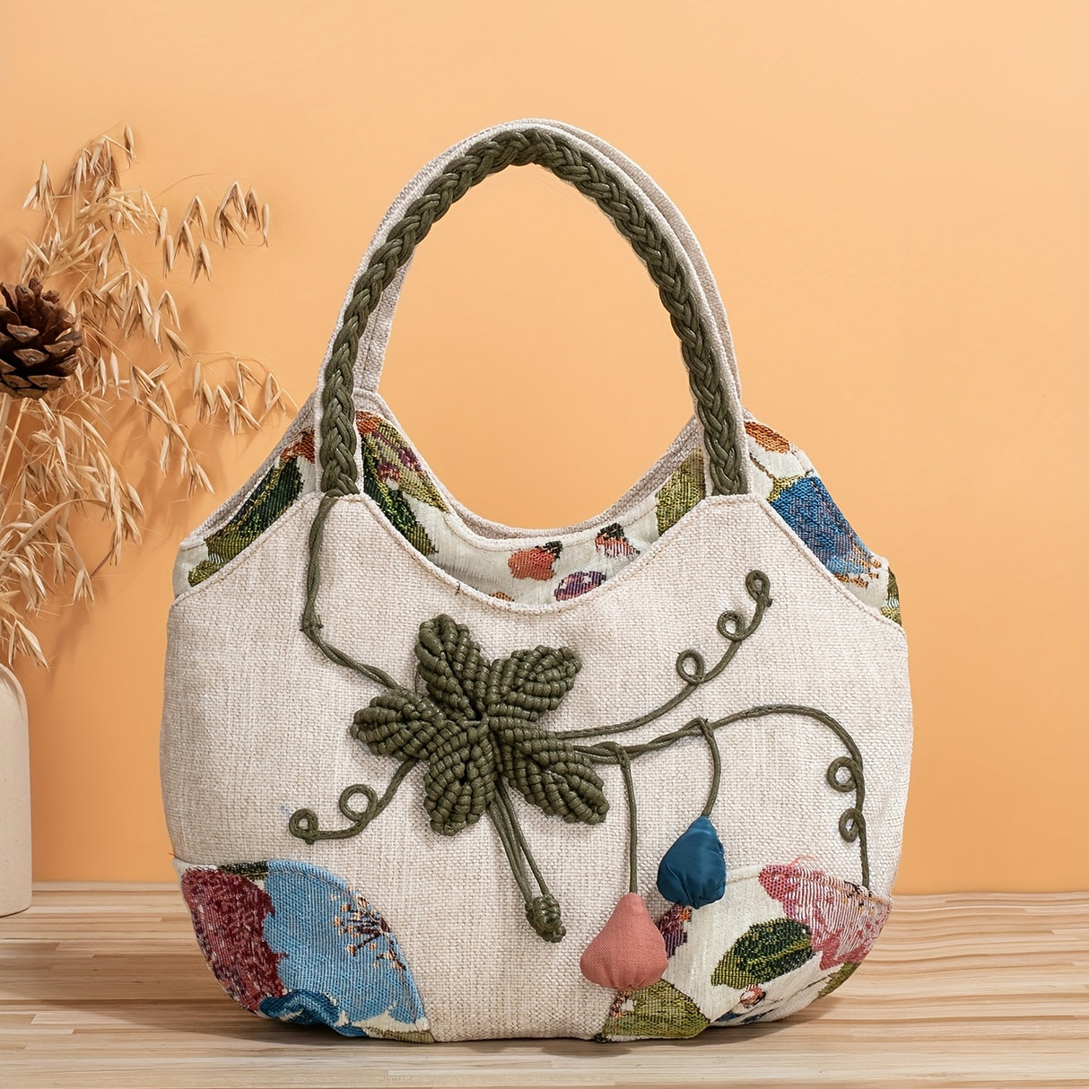 Bohemian Style Handmade Flower Tote Bag, Foldable, Zipper Closure, Fixed Shoulder Strap, with Wristlet, for Vacation