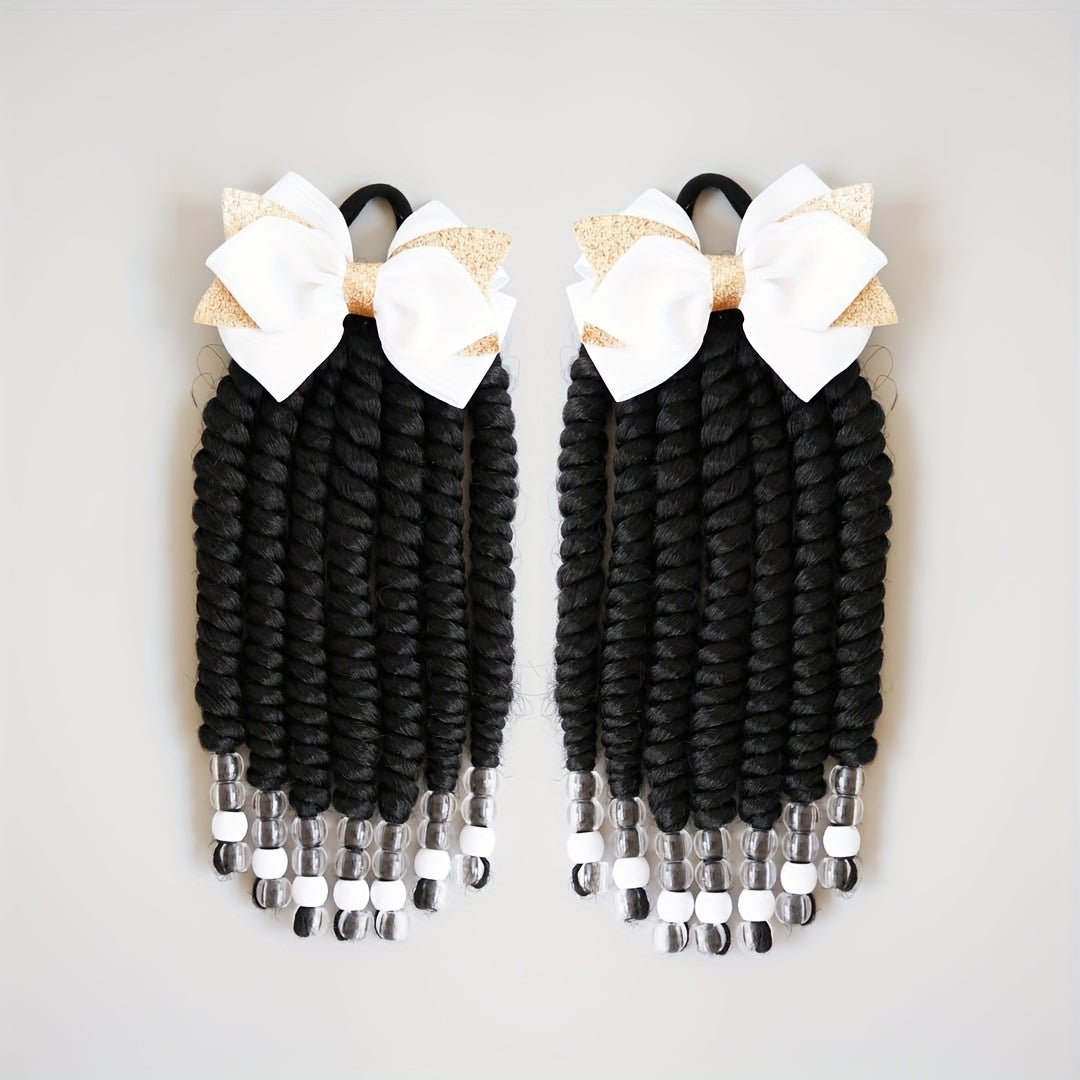 2pcs Delicate Kids Ponytail Extensions, Braids With Beads, Sweet Hair Extension With Elastic Tie, Twist Ponytails With Hair Bows Butterflies, Cute Pigtail, Beautiful Wig For Girls Casual Leisure Party Supplies, Gift Stage Per