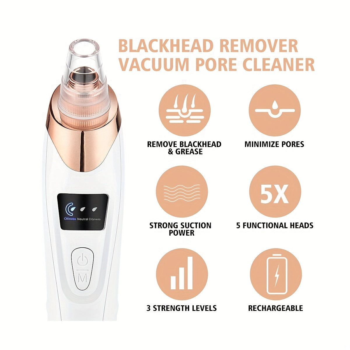 Blackhead Remover Pore Vacuum - Electric Facial Pore Cleaner Acne White Head Pimple Extractor Rechargeable Blackhead Removal Tool - 3 Suction Power, 5 Probes For Women & Men