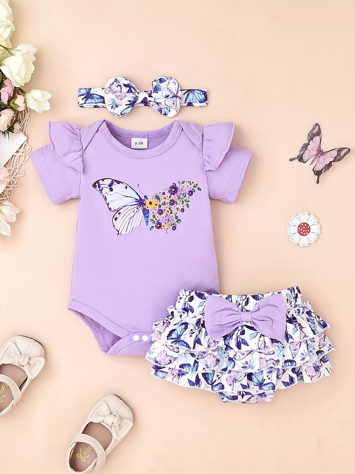 Newborn Baby Girl Clothes Infant Summer Shorts Set Ruffle Romper Fruit Butterfly Cute Baby Clothes Summer Outfits Set 0-18 Months, for Outdoor