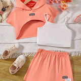Girl's Stylish 3pcs, Hooded T-shirt & Camisole & Shorts Set, CALIFORNIA Patched Short Sleeve Top, Casual Outfits, Kids Clothes For Summer