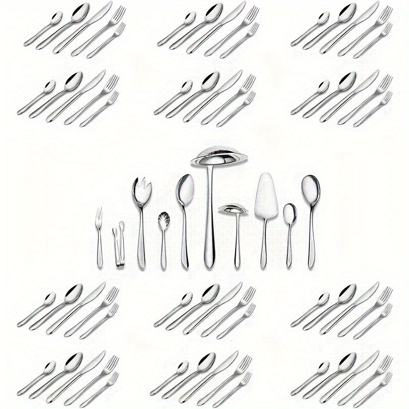 Elegant 72-Piece Silverware Set, Stainless Steel Flatware Set for 12 Guests - Comprehensive Cutlery and Serving Utensils Set, Dishwasher Safe