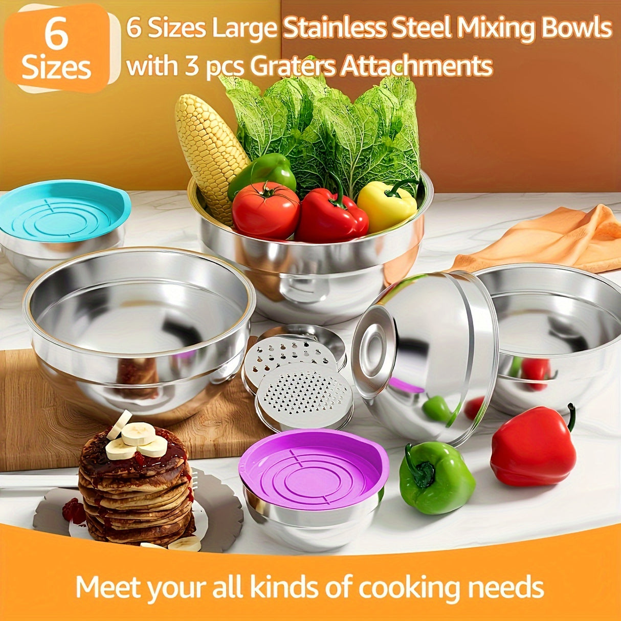 Mixing Bowls With Airtight Lids Set, 26PCS Stainless Steel Bowls With Grater Attachments, Non-Slip Bottoms & Kitchen Gadgets Set