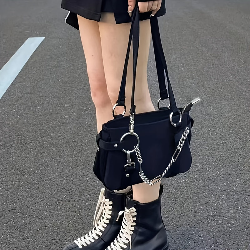 Black Solid Color Trendy Shoulder Bag, Chain Decor Versatile Underarm Bag, Zipper Nylon Stylish Handbag Tote Bag