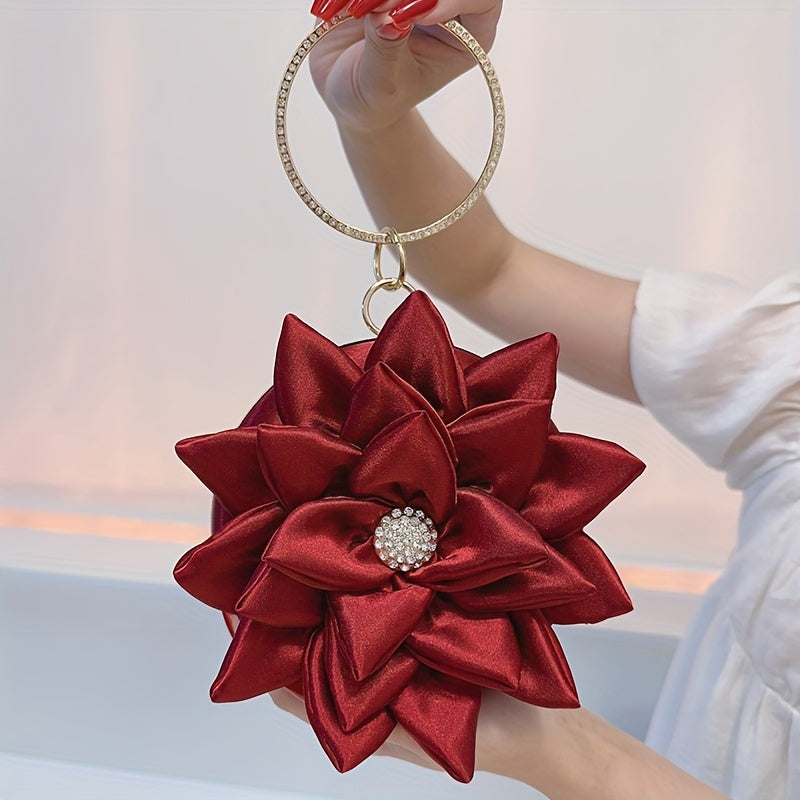 3D Flower Round Evening Bag, Satin Clutch Wedding Purse, Glitter Top Ring Handbag For Party Banquet for Carnaval Music Festival