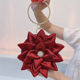 3D Flower Round Evening Bag, Satin Clutch Wedding Purse, Glitter Top Ring Handbag For Party Banquet for Carnaval Music Festival