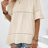 Solid Ruffle Trim Blouse, Vacation Cut Out Crew Neck Summer Blouse, Women's Clothing