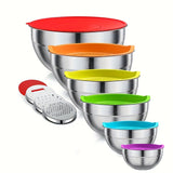 Mixing Bowls With Colorful Airtight Lids, 6 Piece Stainless Steel Metal Bowls With 3 Grater Attachments, Size 4.2, 3.5, 2.5, 2, 1, 0.67QT