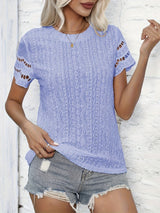 Spring/Fall Elegance: Embroidered Crew Neck Cap Sleeve Top for Women - Semi-Sheer, Easy Care, Durable Fabric