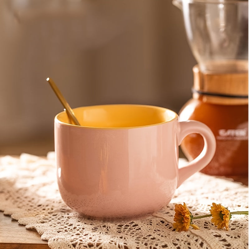 1pc Large-Capacity Solid Color Ceramic Mug - Coffee Cups & Mugs for Breakfast, Oatmeal, Coffee, Tea, and Water - Creative Household Essentials with Durable Design and Easy Grip Handle