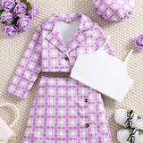 Girl's Trendy 4pcs, Long Sleeve Blazer & Beret Hat & Camisole & Skirt Set, Plaid Print Casual Outfits, Kids Clothes For Spring Summer