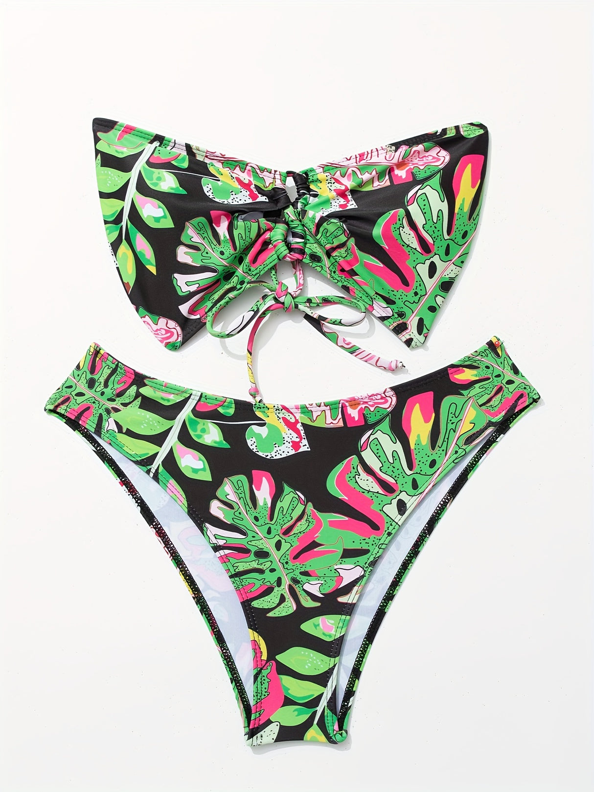 2 Piece Leaf Print Bandeau Bikini Set - High Cut, Off the Shoulder, Cross Strap, High Stretch, Machine Washable, Polyester Swimsuit for Women - Perfect for Swimming