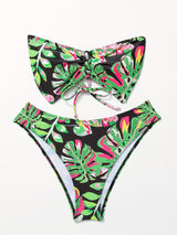 2 Piece Leaf Print Bandeau Bikini Set - High Cut, Off the Shoulder, Cross Strap, High Stretch, Machine Washable, Polyester Swimsuit for Women - Perfect for Swimming