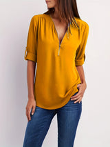 Solid V Neck Blouse, Casual Ruched Rollable Sleeve Half Zip Blouse, Women's Clothing