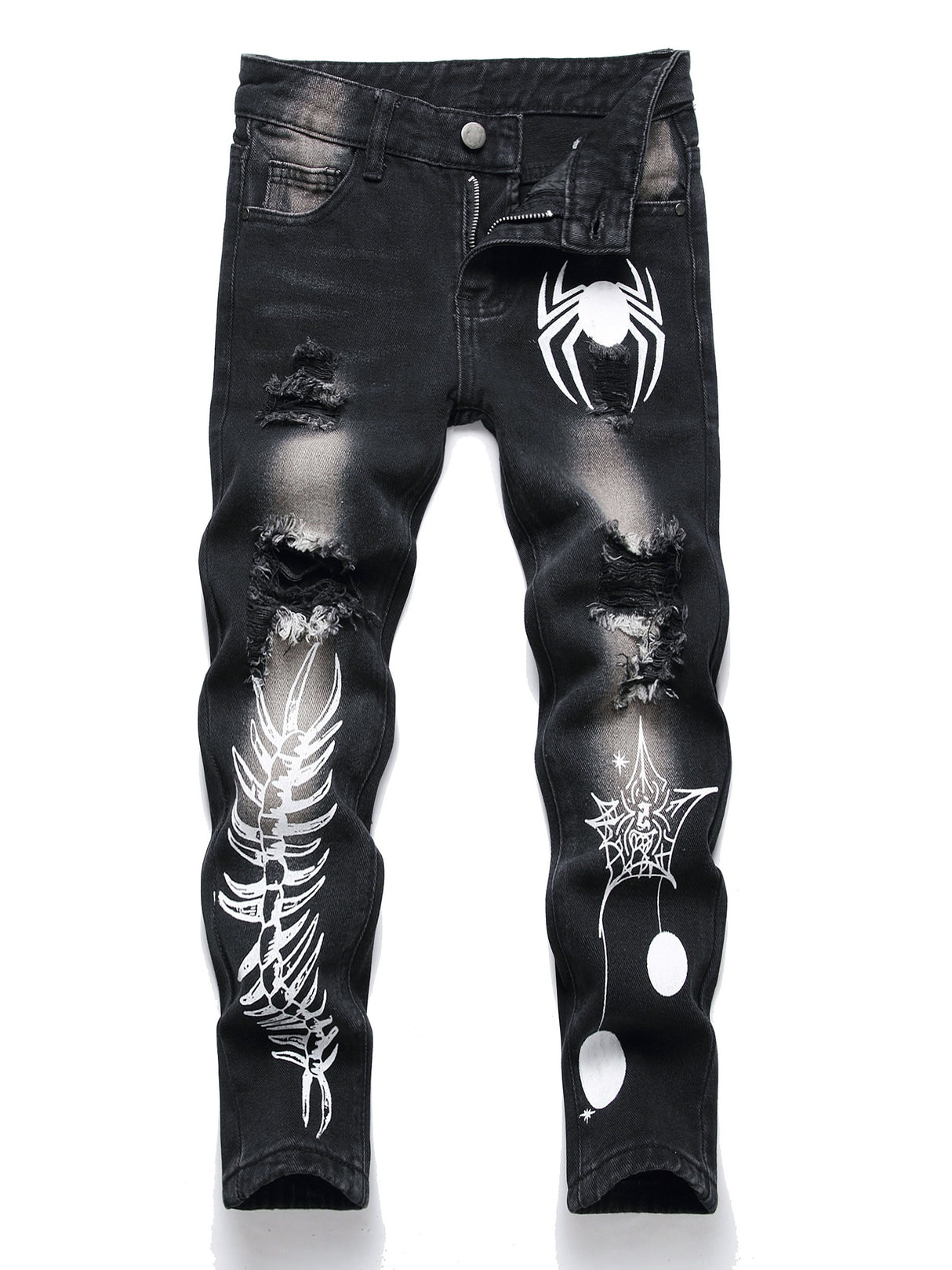 Boys Spider Web & Bone Print Slim Straight Denim Jeans, Streetwear Jeans, Boys Clothes For All Seasons