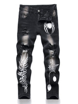 Boys Spider Web & Bone Print Slim Straight Denim Jeans, Streetwear Jeans, Boys Clothes For All Seasons