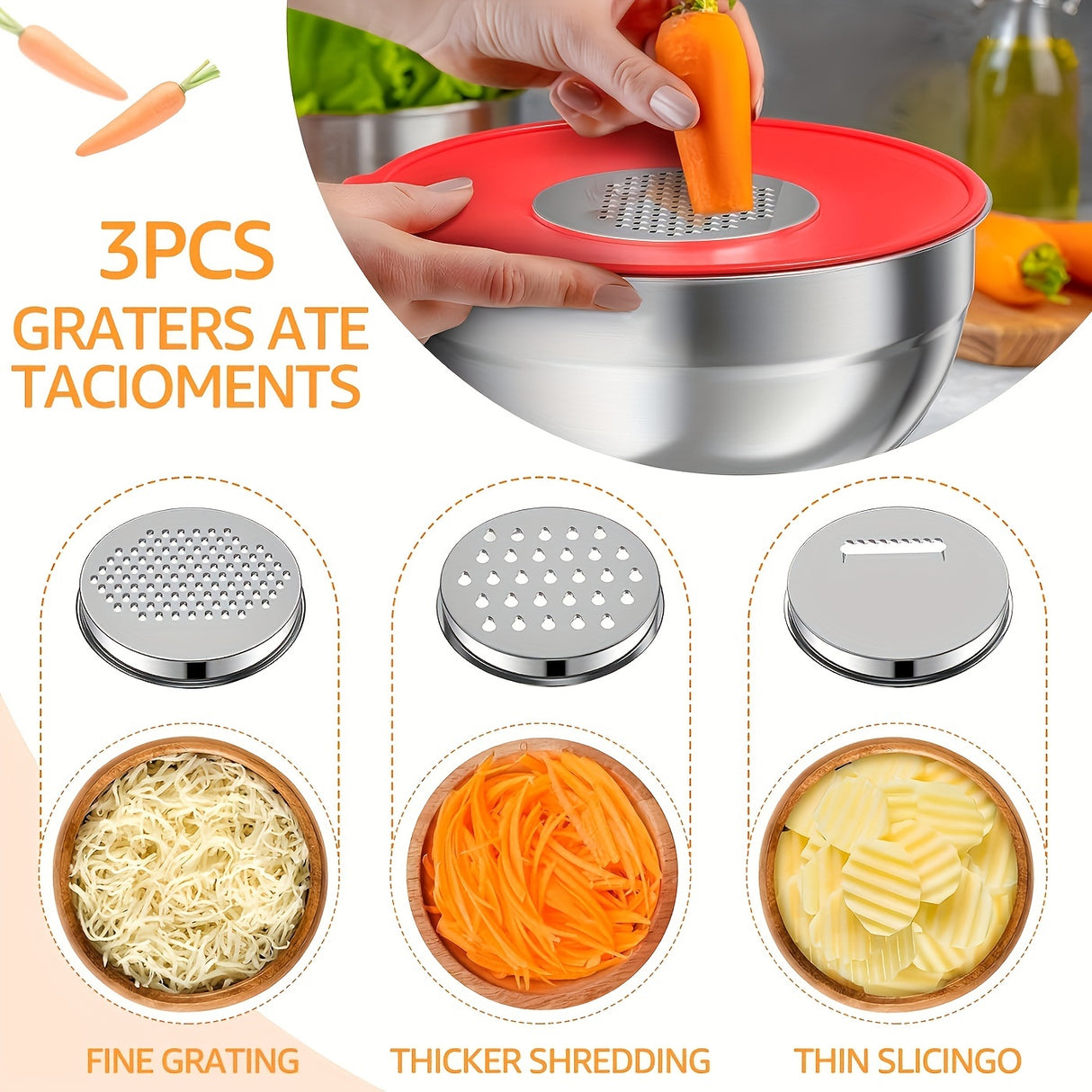 Mixing Bowls With Airtight Lids Set, 27PCS Stainless Steel Khaki Bowls With Grater Attachments, Non-Slip Bottoms & Kitchen Gadgets Set, Size 0.7, 4.5, 3.6, 2.7, 2.1, 1.7, 1.1QT, Great For Mixing & Serving
