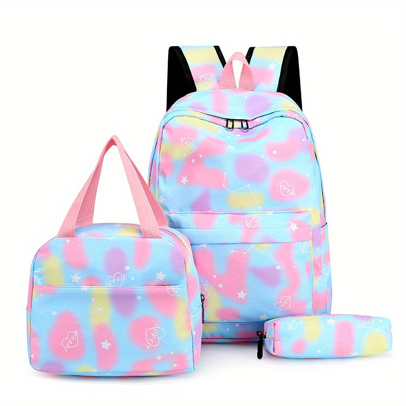 Vibrant Tie Dye Cartoon Pattern Backpack - Spacious School Bag with Insulated Lunch Box, Pencil Case, and Multiple Compartments for Organized School Use