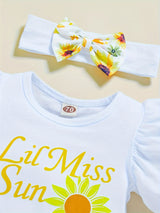 3pcs Baby Girl Summer Outfit: "Little Miss Sunshine" Ruffle Short Sleeve Romper, Floral Shorts & Matching Headband - Cotton Blend, Machine Washable, Casual Baby Clothing | Ruffled Baby Romper | Comfortable Babywear, Baby Girl