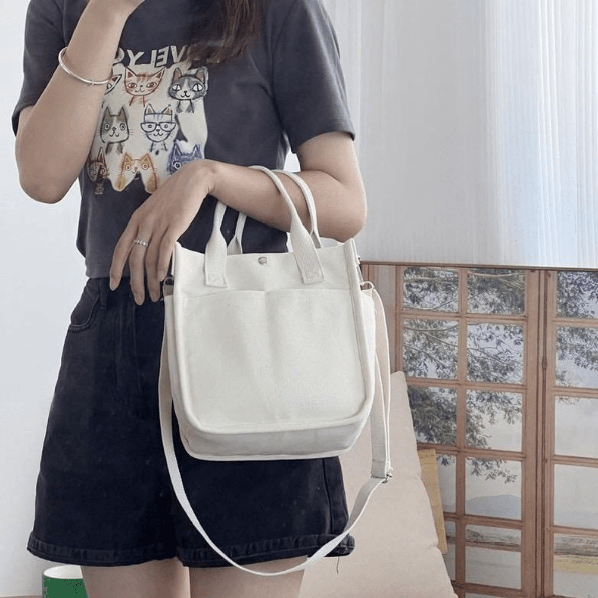 Mini Canvas Tote Bag With Top Handle, Multi Pockets Crossbody Bag, Portable Lunch Box Storage Bag
