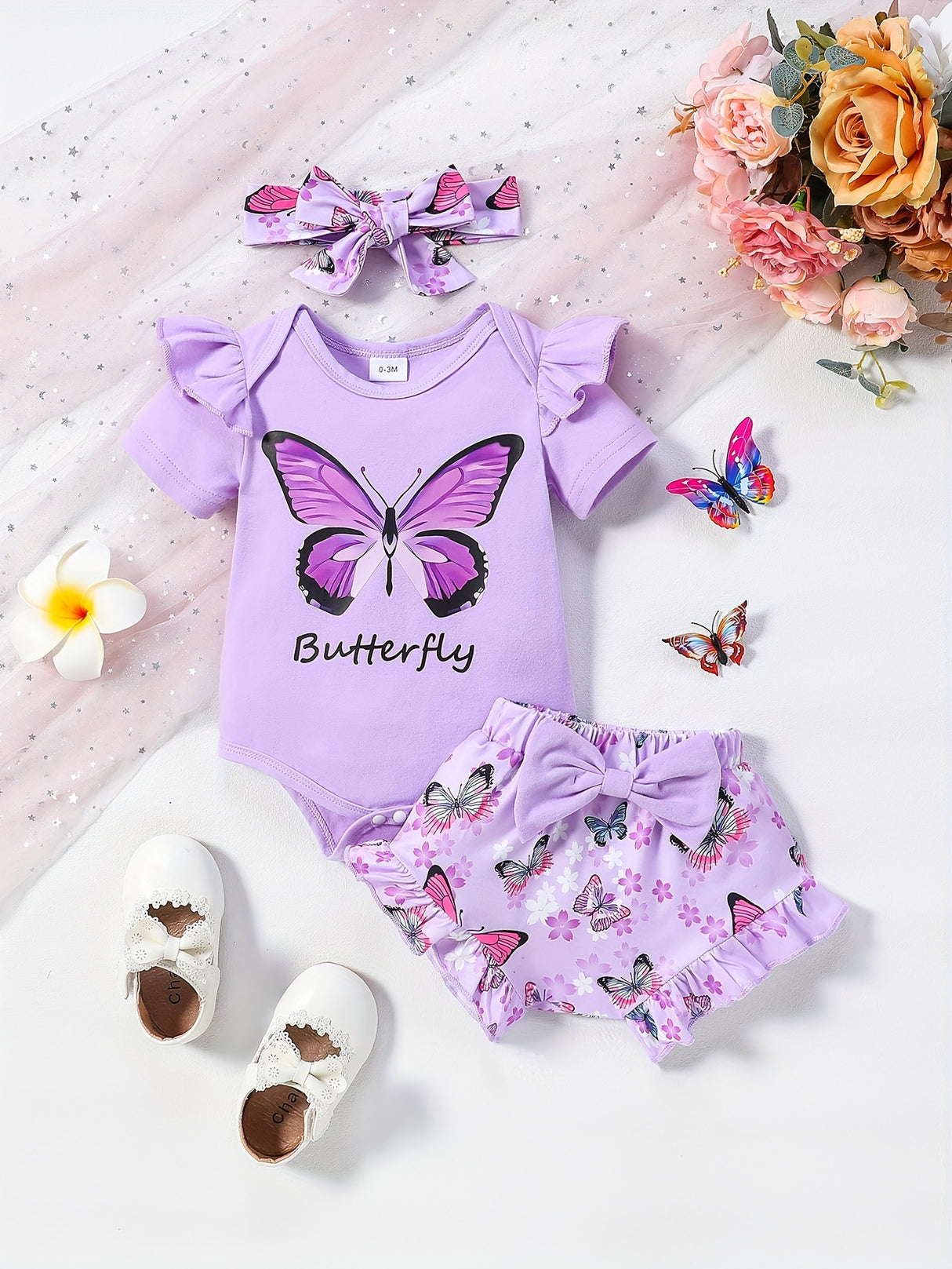 Baby Girl Butterfly Pattern Onesie, bow lace shorts, hair band three-piece set