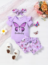 Baby Girl Butterfly Pattern Onesie, bow lace shorts, hair band three-piece set