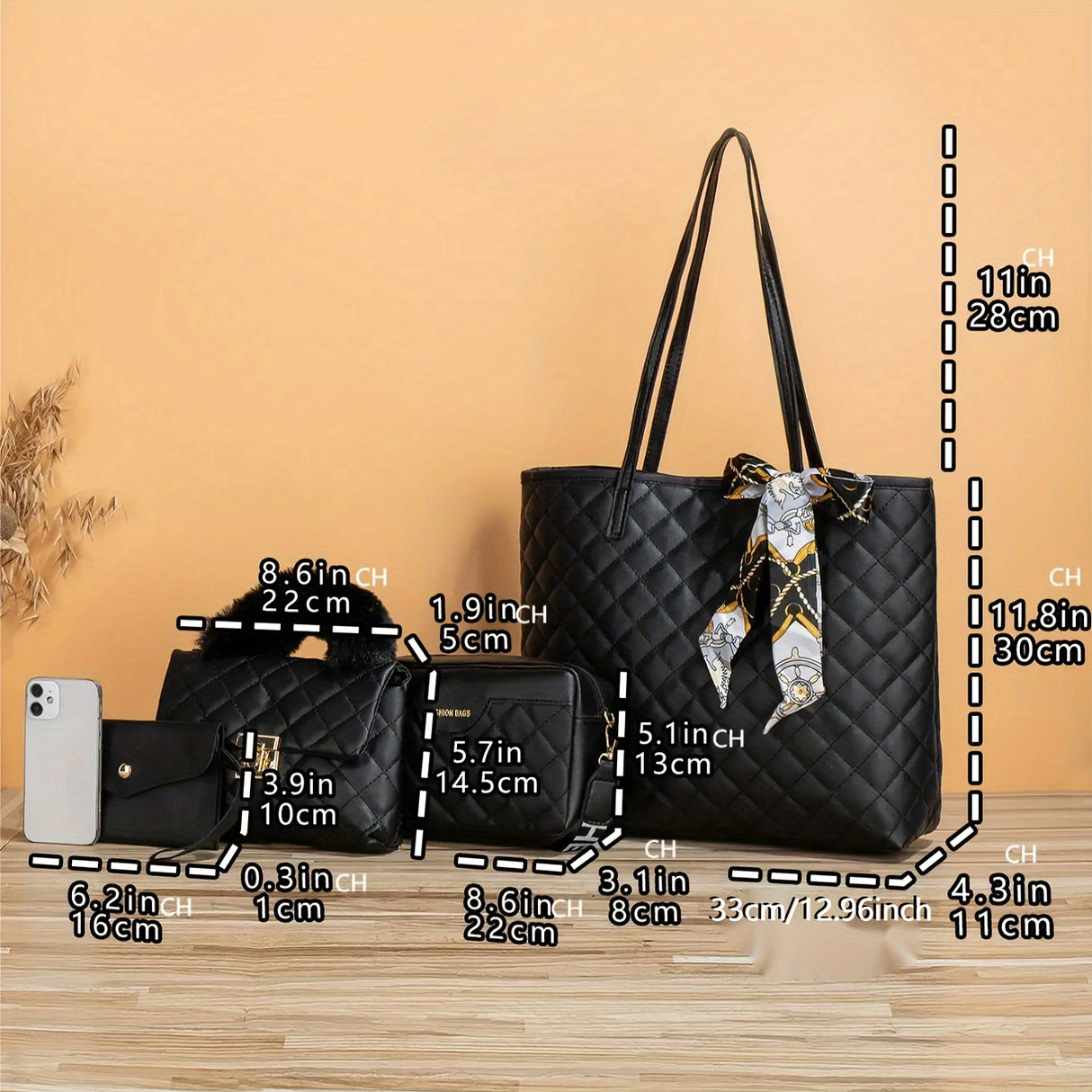 Quilted Detail Tote Bag Set: Classic Shoulder Chain Bag, Crossbody Purse with Scarf Decor