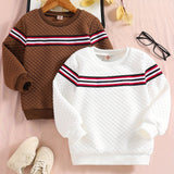 2pcs Boys Casual Striped Creative Textured Pullover Sweatshirt, Long Sleeve Crew Neck Tops, Kids Clothes Outdoor