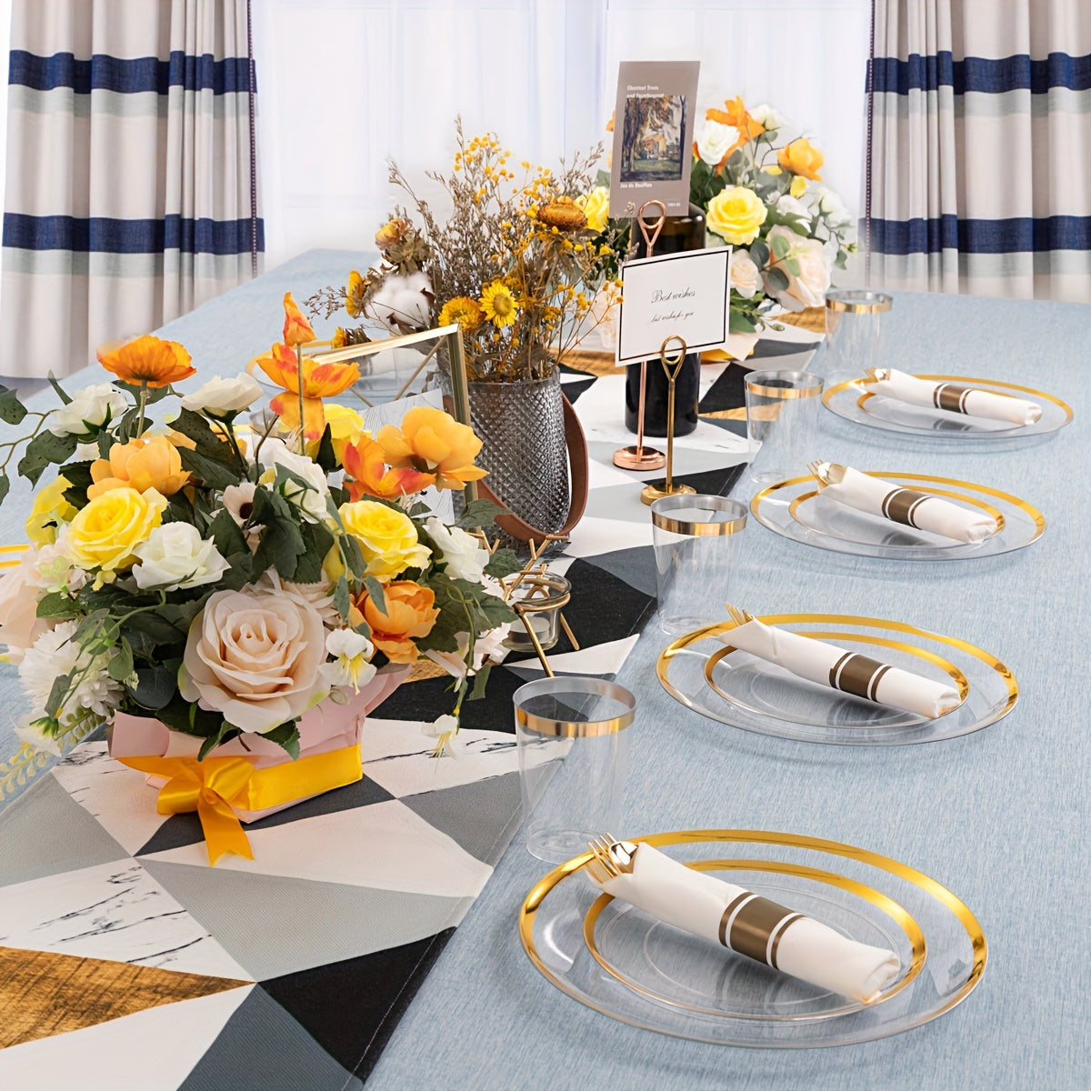 840pcs Gold Plastic Dinnerware set Include Wrapped Plastic Gold Silverware, Clear and Gold Plastic Plates, Disposable Cutlery Clear Plates with Gold Trim for Parties, Birthday Gifts 120Guests