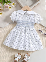 Stylish & Cute Polka Dot Shirred Puff Sleeve Dress, Perfect For Little Girls Banquet Birthday Party Dress Up