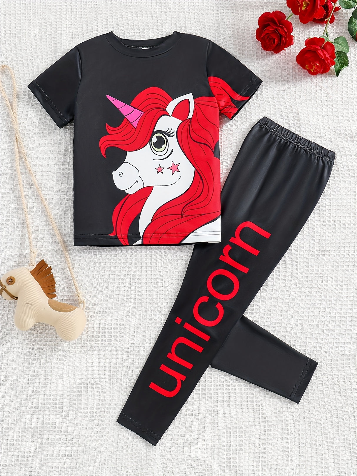 Girl's 2pcs T-shirt & Elastic Waist Pants Set, UNICORN Print Short Sleeve Tee Top, Casual Outfits, Kids Clothes For Summer
