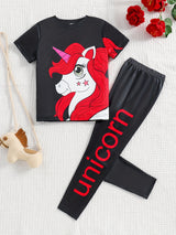Girl's 2pcs T-shirt & Elastic Waist Pants Set, UNICORN Print Short Sleeve Tee Top, Casual Outfits, Kids Clothes For Summer
