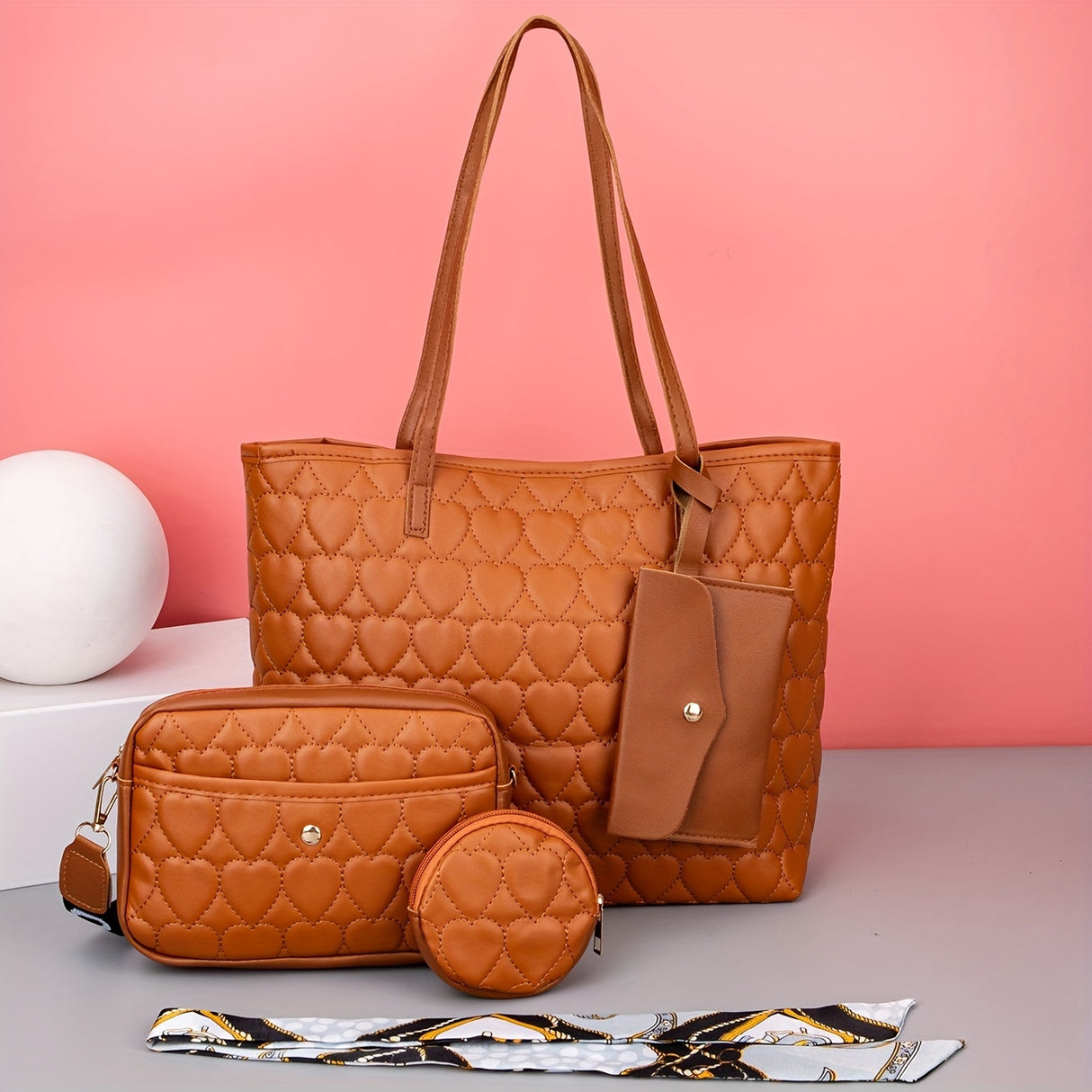 Quilted Detail Tote Bag Set: Classic Shoulder Chain Bag, Crossbody Purse with Scarf Decor
