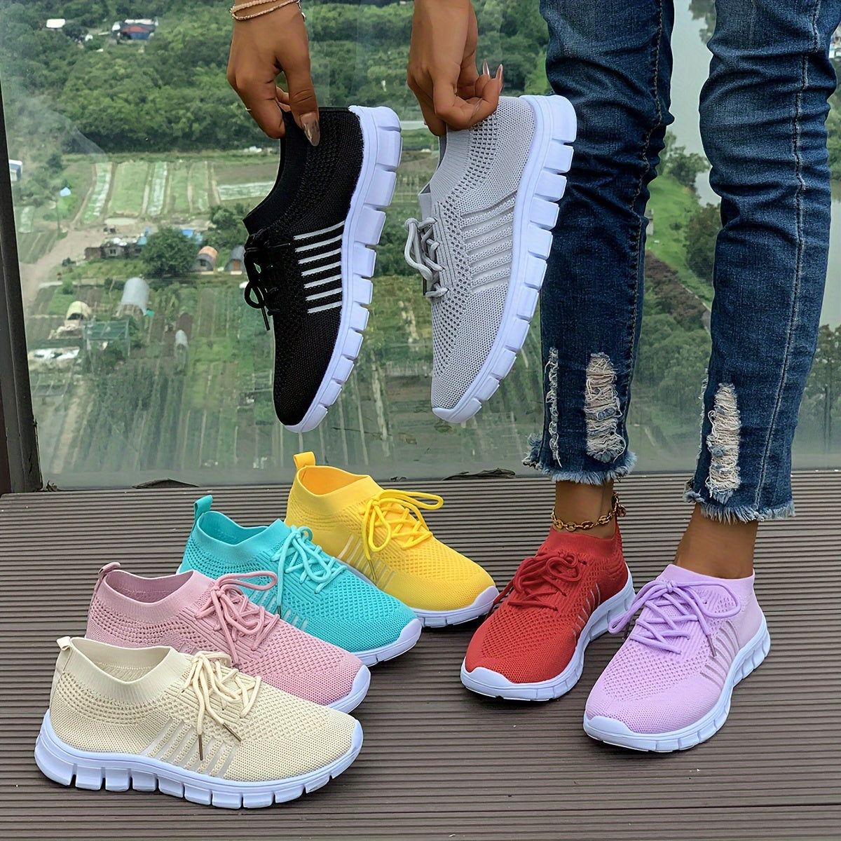 Women's Mesh Breathable Running Shoes, Solid Color Lace Up Front Summer Walking Shoes, Flying Woven Casual Sneakers