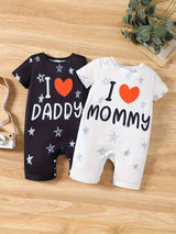 2pcs Baby Boy Summer Outfit, Casual Knit Polyester & Spandex Jumpsuit with "I Love Grandma, Mom, Dad" Alphabet Print, Regular Fit Short Sleeve Set, for Outdoor