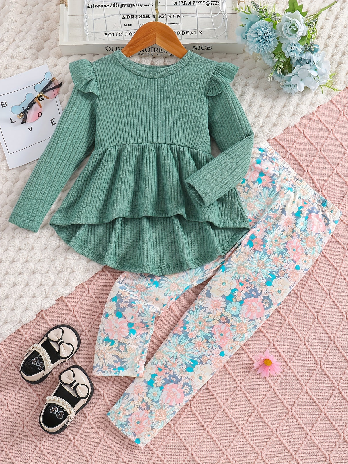 Sweet Outfits 2pcs Girls, Flutter Trim Long Sleeve Pullover + Flora Print Pants Set Kids Clothes Spring Fall