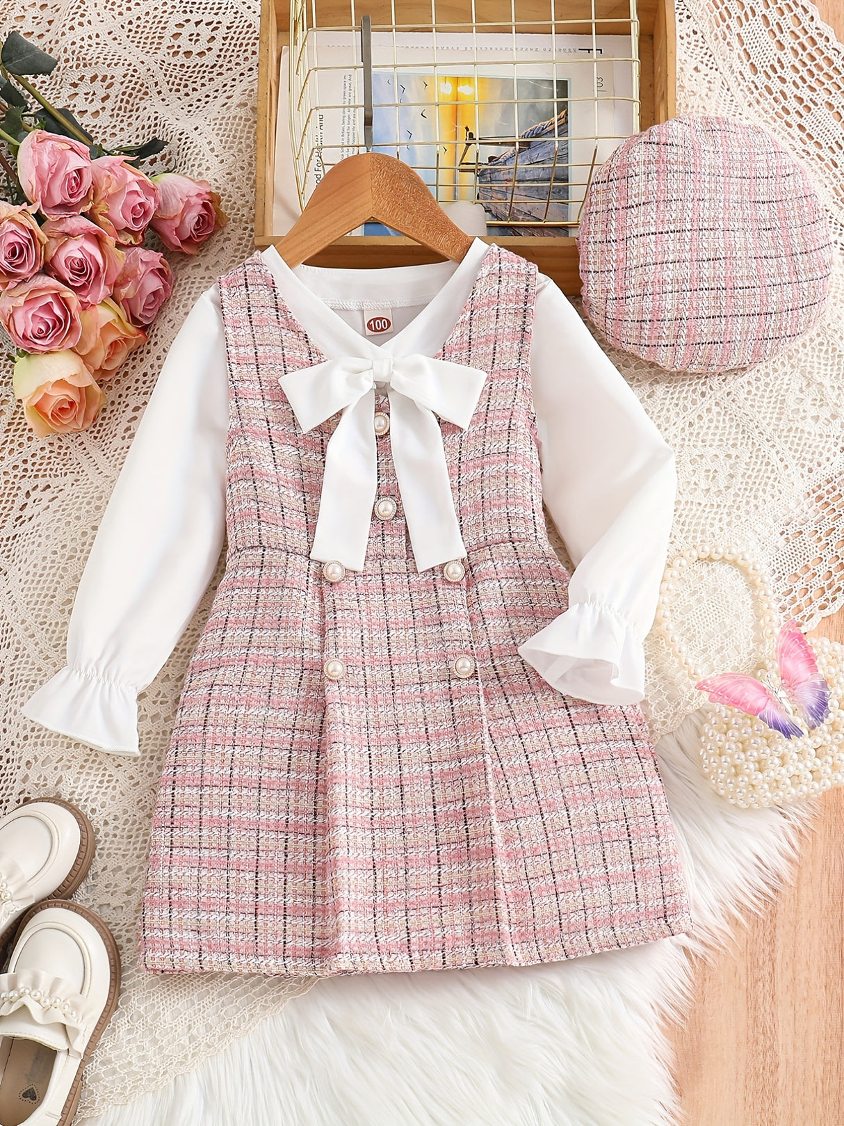 Girl's Elegant 2pcs, Long Sleeve Shirt & Knitted Dress Set, Bowknot Decor Plaid Pattern Casual Outfits, Kids Clothes For Spring Autumn