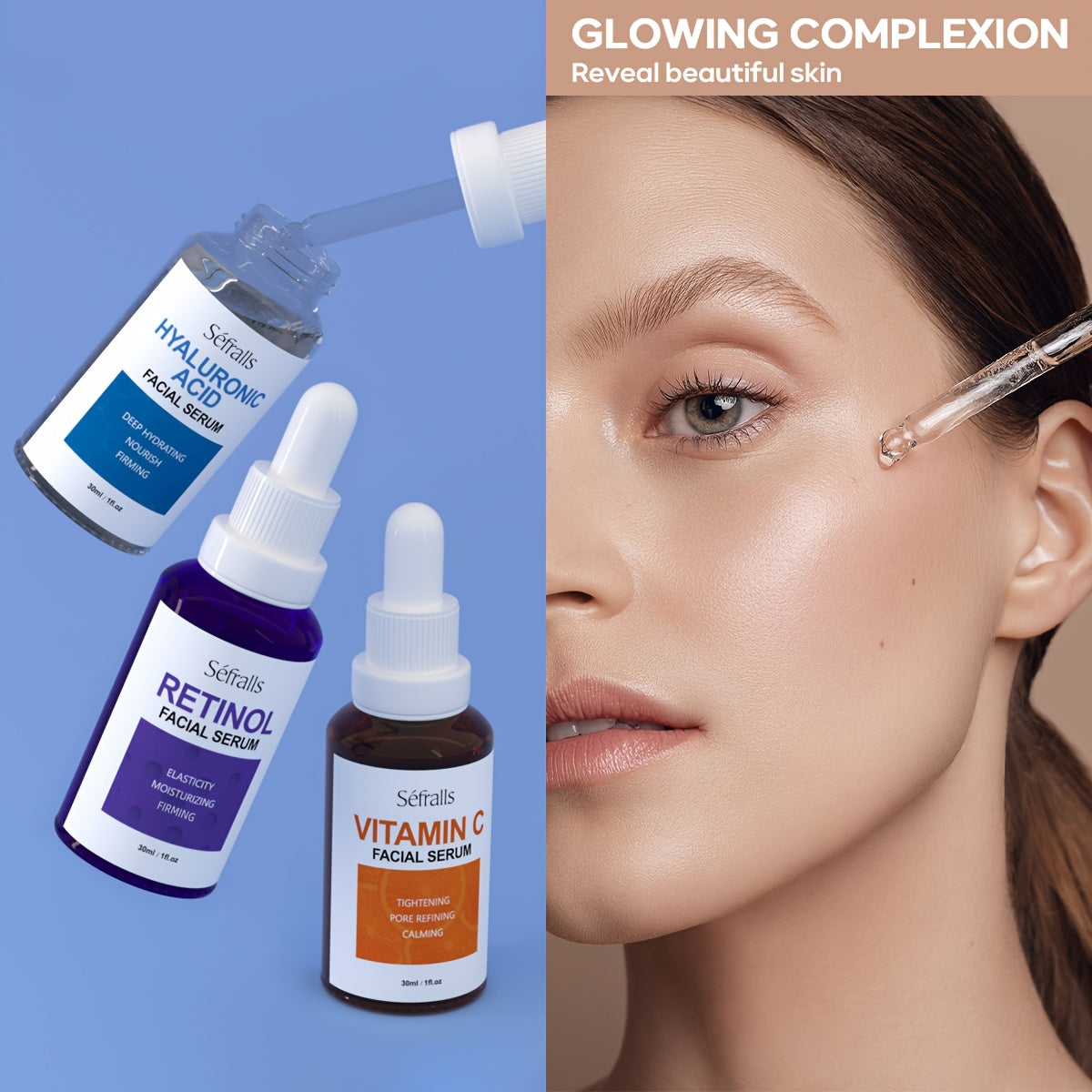 Seffralls Hyaluronic Acid VC Essence Set 1.01oz*3pcs with Vitamin-C Vitamin-A and Hyaluronic Acid Serum for Glistening, Firming Hydrating Dry Skin Serum for Firm Gift Festival Travel Set